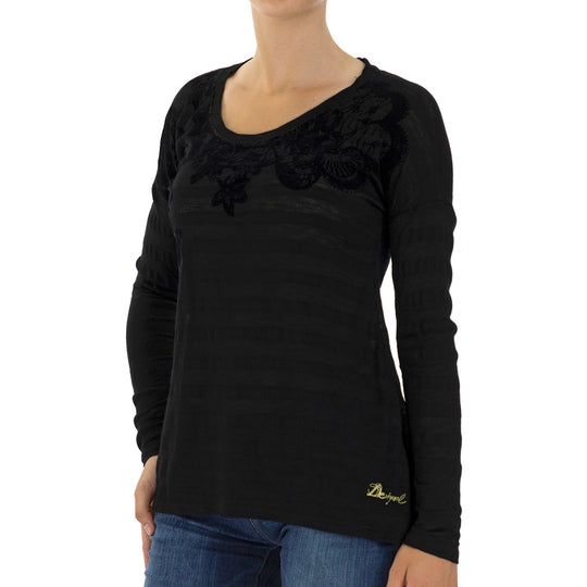DESIGUAL, Strick-T-Shirt mit langen Ärmeln und Stickerei auf dem Oberteil, Schwarz, Größe 38