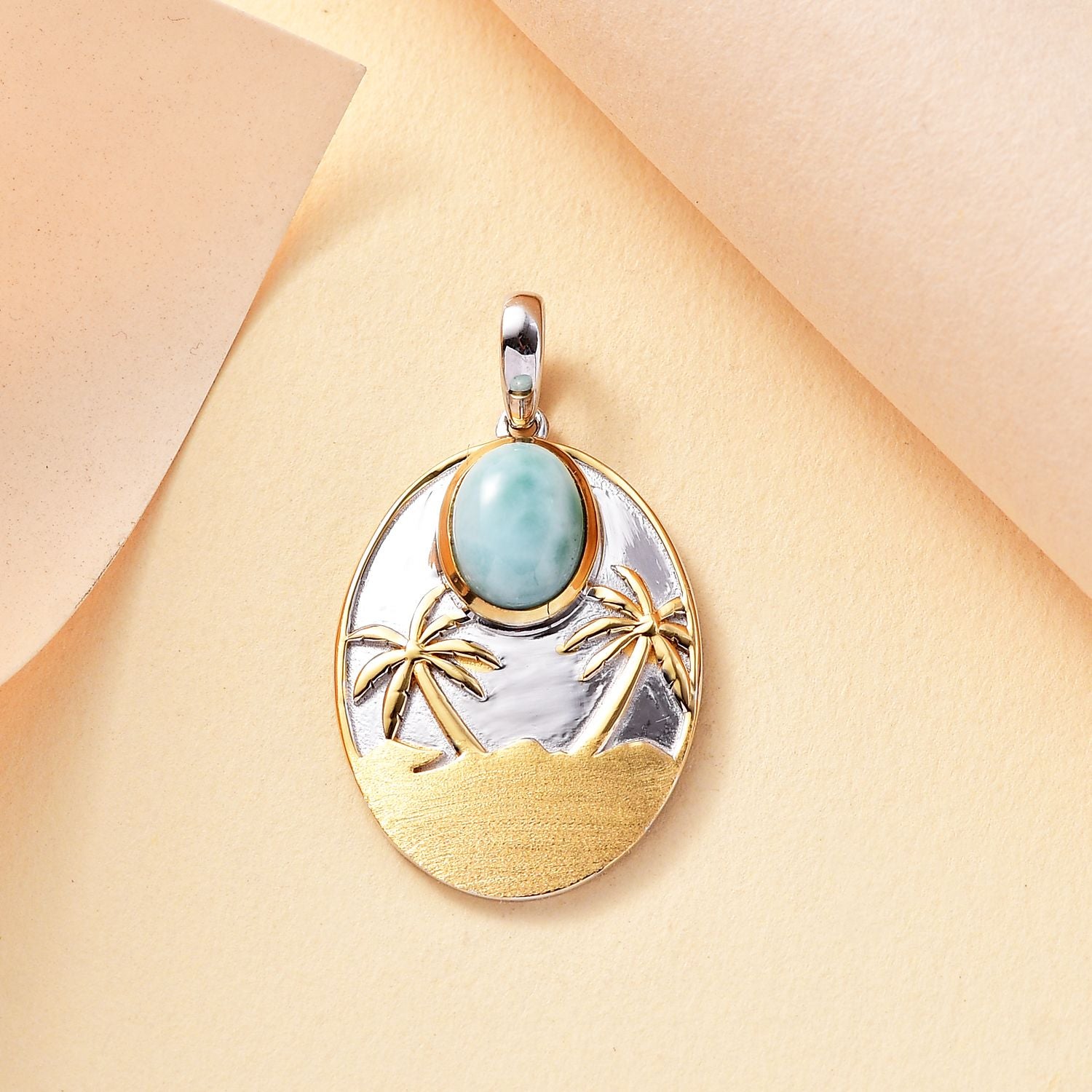 AA Natürlicher grüner Larimar Anhänger 925 Silber Rhodiniert und 750 Gelbgold Vermeil ca. 2.42 ct