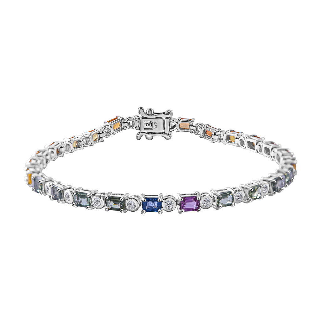 Regenbogen Saphir, Weißes Zirkon Armband ca. 19 cm 925 Silber rhodiniert ca. 7.98 ct