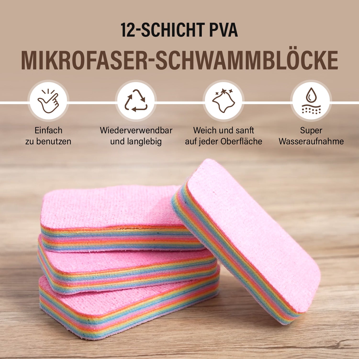 4er-Set Regenbogen-Putztücher, 12-Schicht Mikrofaser-Schwammblock, wiederverwendbar und saugstark