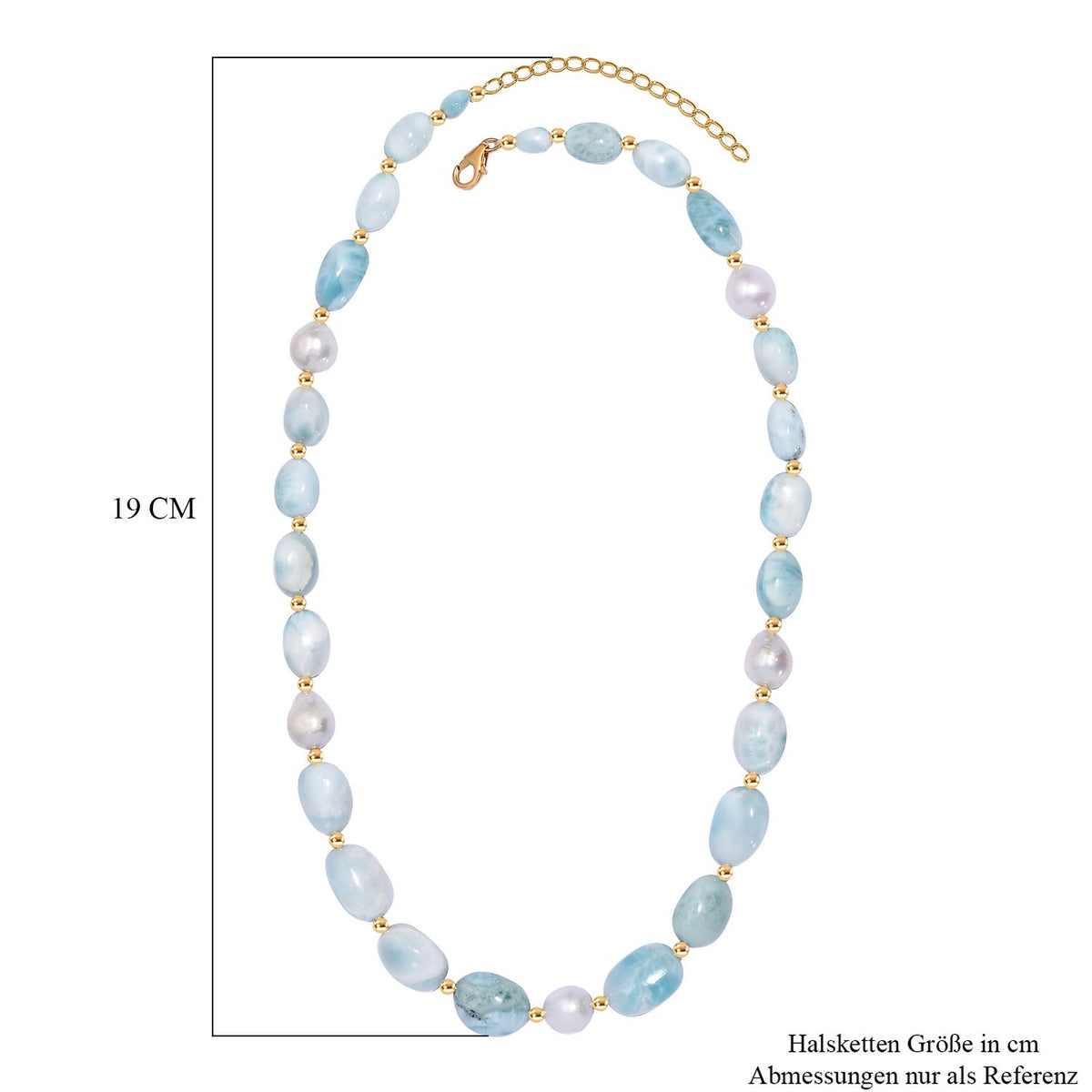 Natürlicher grüner Larimar Perlen-Halskette, ca. 50 cm, 925 Silber 750 Gelb Vergoldet