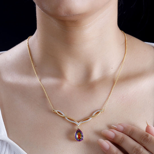 Nebel Quarz, Weißer Zirkon Halskette ca. 45 cm 925 Silber 750 Gelbgold Vermeil ca. 7,02 ct.