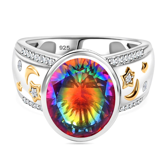 Nebel Quarz, Weißer Zirkon Ring 925 Silber Rhodiniert und 750 Gelbgold Vermeil (Größe 17.00) ca. 5,35 ct