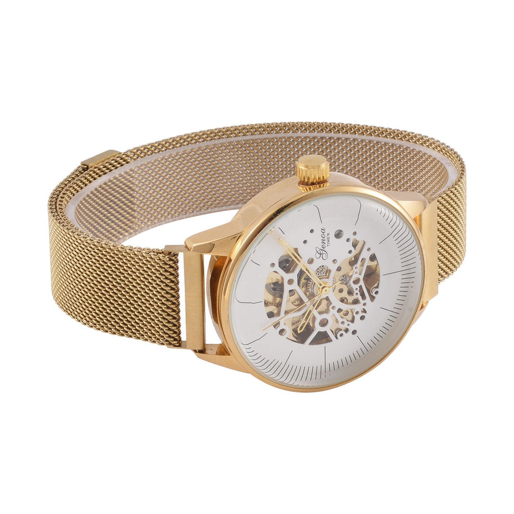GENOA Automatik Mechanische Uhr mit Weißem Sonnenschein-Hohlzifferblatt und Modernem Minimalistischem Runddesign, goldfarben