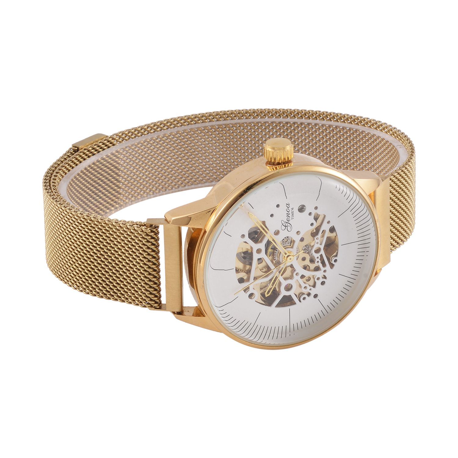 GENOA Automatik Mechanische Uhr mit Weißem Sonnenschein-Hohlzifferblatt und Modernem Minimalistischem Runddesign, goldfarben