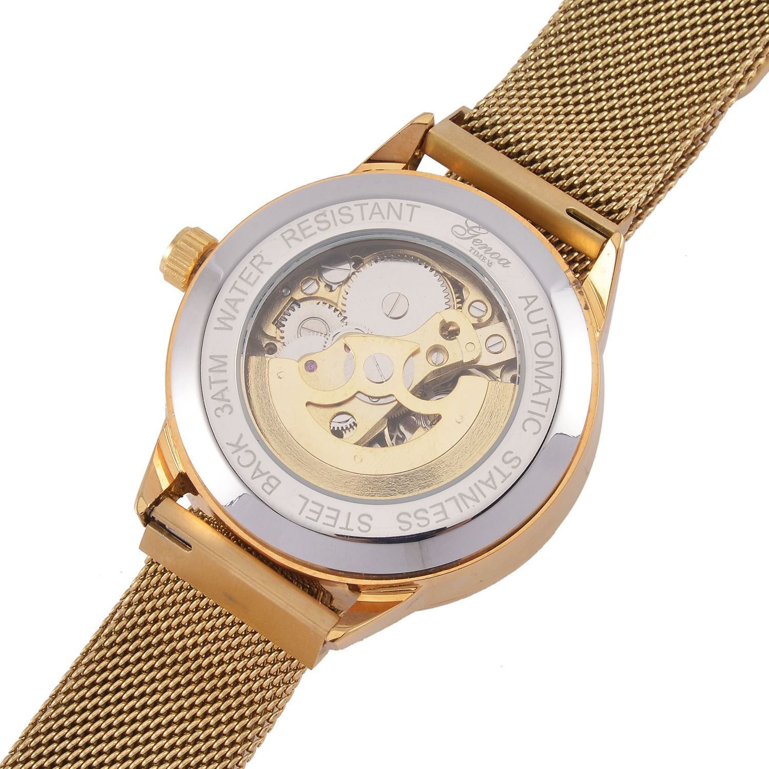GENOA Automatik Mechanische Uhr mit Weißem Sonnenschein-Hohlzifferblatt und Modernem Minimalistischem Runddesign, goldfarben