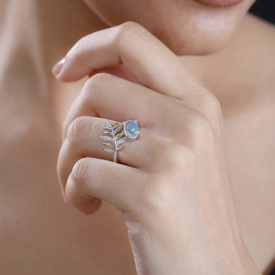 AA Natürlicher, äthiopischer Welo Opal, Weißer Zirkon Ring 925 Silber rhodiniert ca. 0,97 ct