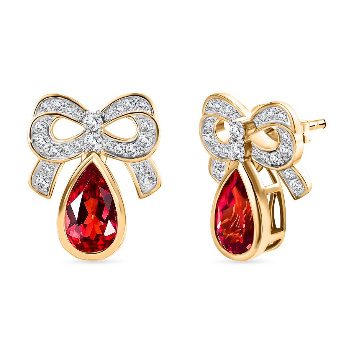 Lab Created Padparadscha-Saphir, Weißer Zirkon Ohrringe 925 Silber 750 Gelbgold Vermeil ca. 5.23 ct