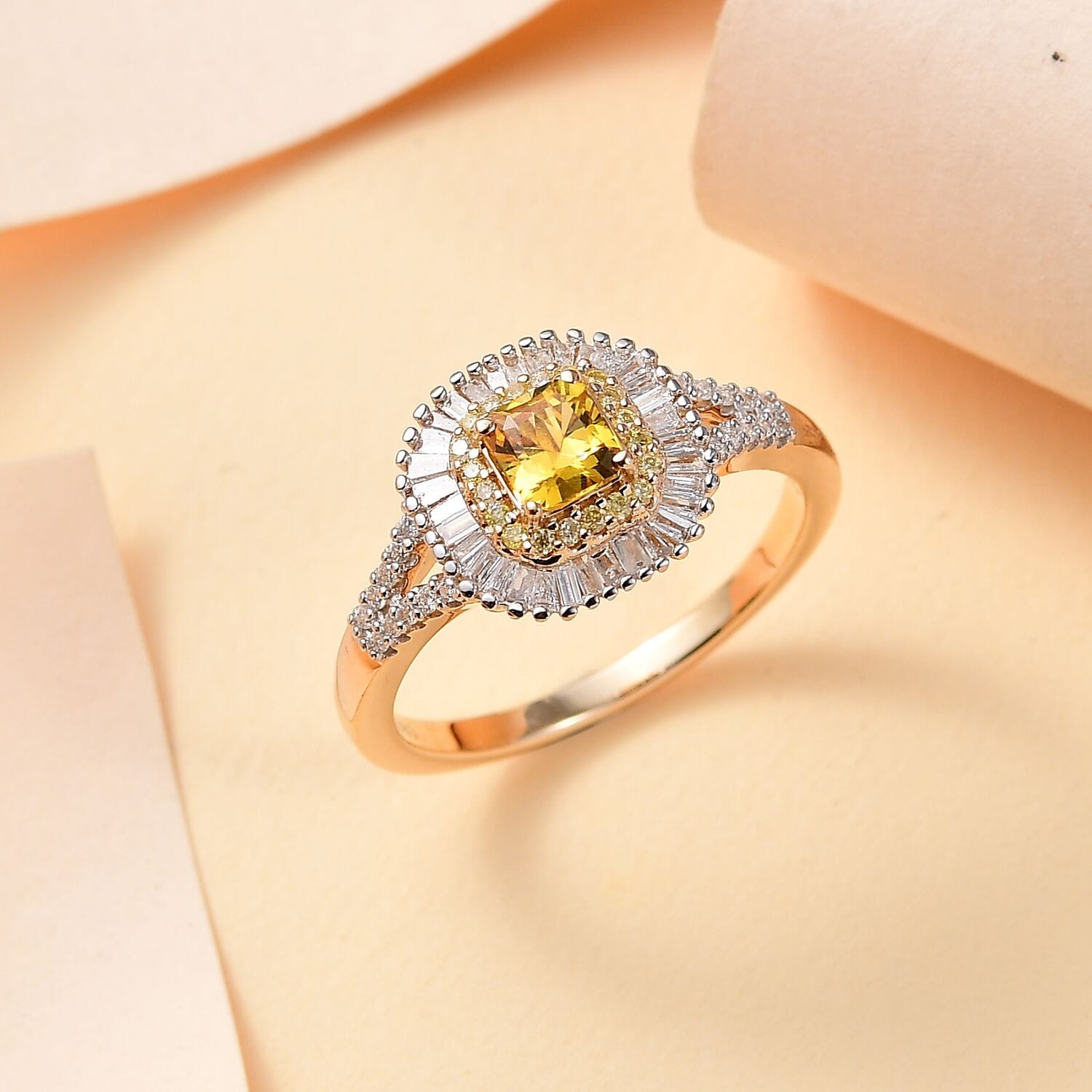 AAA Gelber Saphir, Weißer Diamant AGI zertifiziert und geprüft Ring 585 Gelbgold (Größe 16.50) ca. 1,31 ct