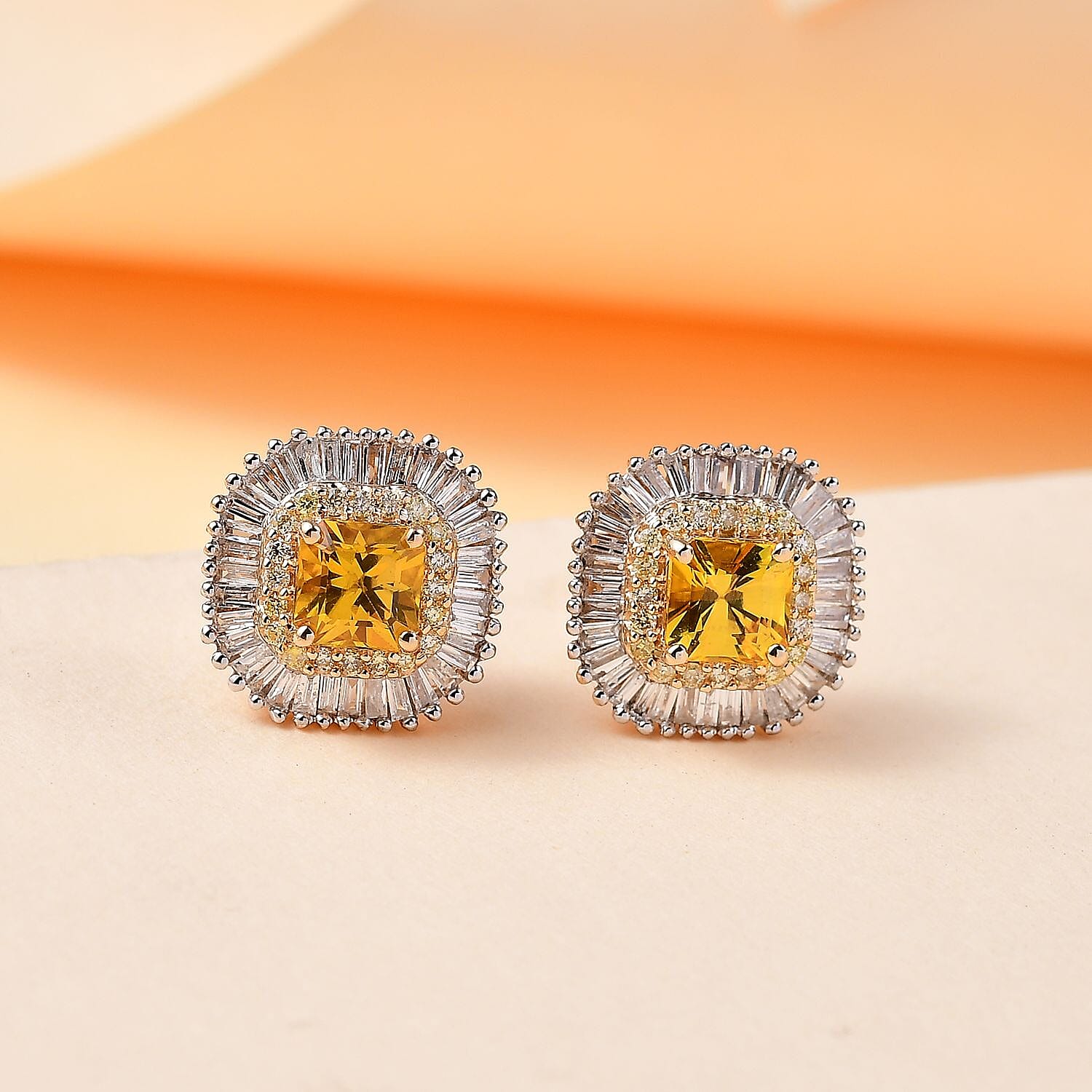 AAA Gelber Saphir, Weißer Diamant Ohrringe, AGI zertifiziert und geprüft, 585 Gelb Gold ca. 2.44 ct