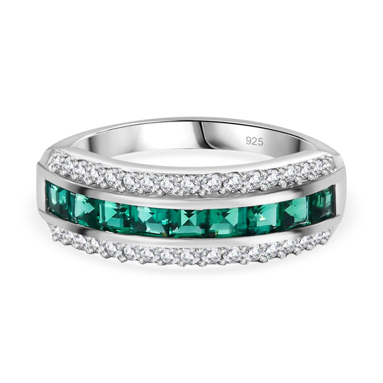 Lab Grown AAA Smaragd, Weißer Zirkon Ring, 925 Silber rhodiniert (Größe 18.00) ca. 1.13 ct
