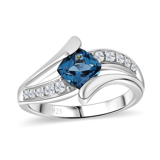 AA London Blau Topas, Weißer Zirkon Ring 925 Silber rhodiniert ca. 1,53 ct