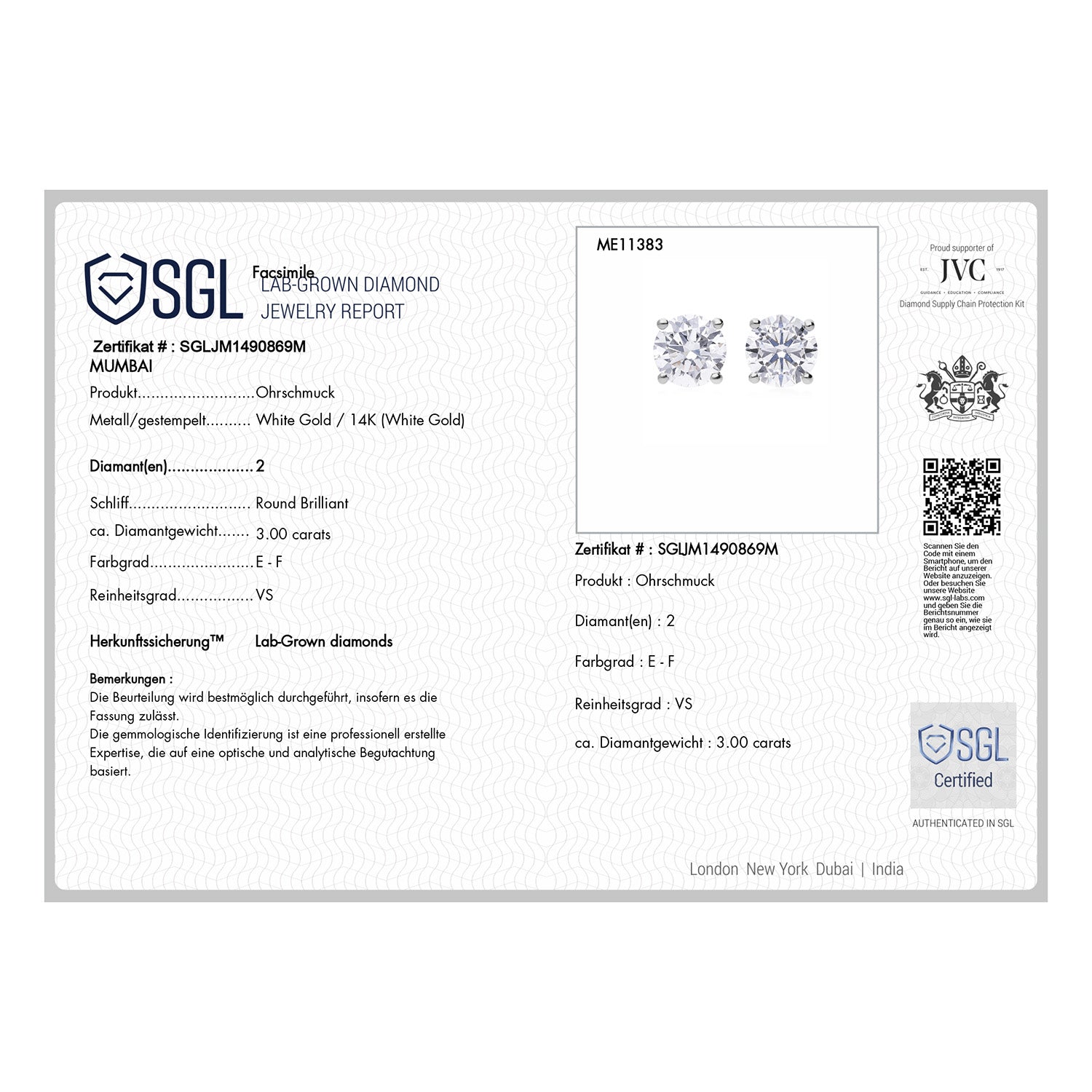 LUXURIANT DIAMOND - Lab Grown Diamant VS-EF SGL zertifiziert Ohrringe, 585 Weißgold ca. 3.00 ct