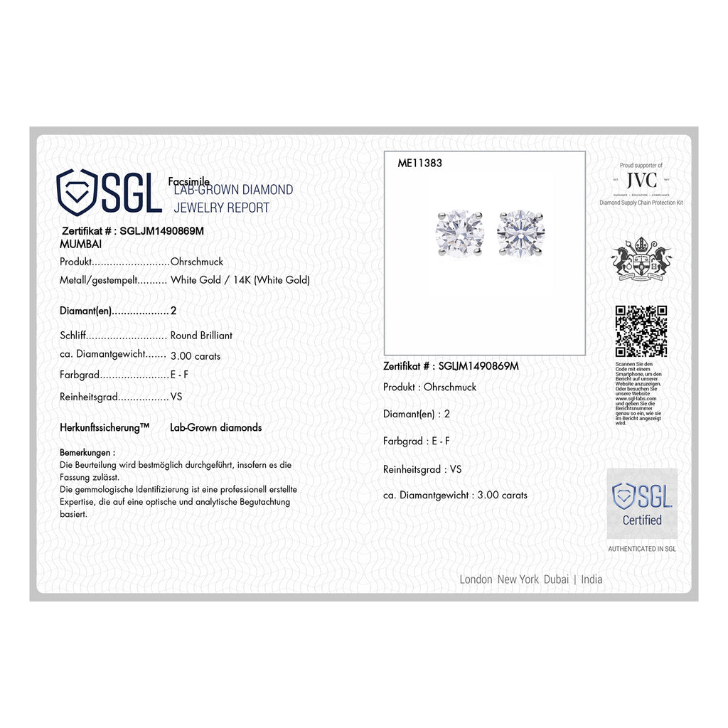 LUXURIANT DIAMOND - Lab Grown Diamant VS-EF SGL zertifiziert Ohrringe, 585 Weißgold ca. 3.00 ct