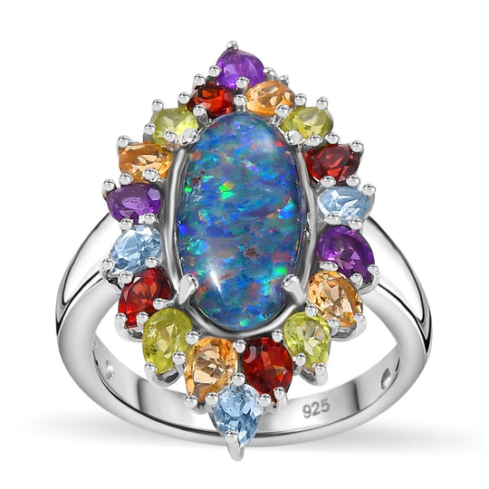 Boulder Opal Triplette, Mosambik Granat Ring 925 Silber rhodiniert (Größe 17.00) ca. 6,73 ct