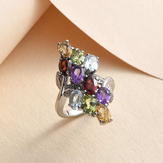 Himmelblauer Topas, Roter Granat Ring Edelstahl ca. 5,04 ct