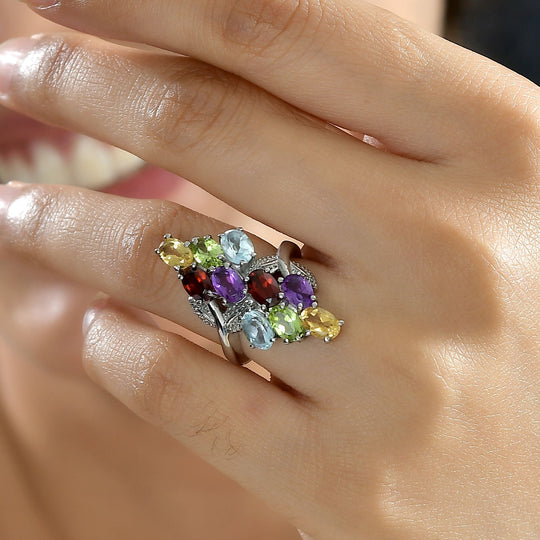 Himmelblauer Topas, Roter Granat Ring Edelstahl ca. 5,04 ct