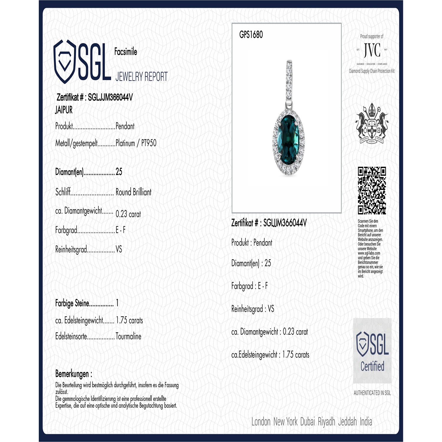 Rhapsody AAAA Pirineu Lagunen Turmalin, Weißer Diamant SGL zertifiziert Anhänger 950 Platin ca. 1,98 ct.