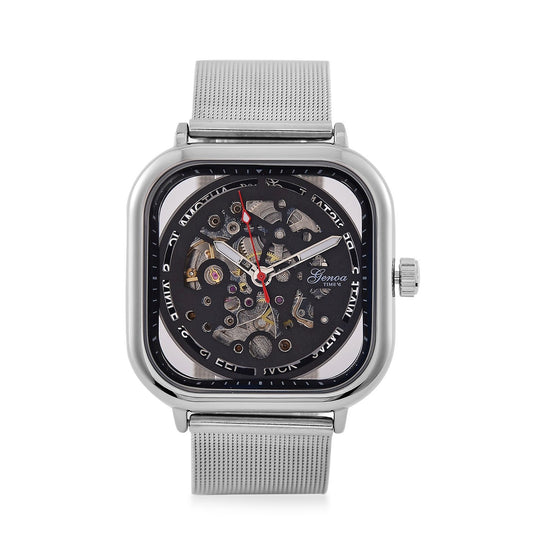 GENOA TIME V2 42mm Automatische Mechanikuhr - Schwarzes hohles Zifferblatt, Gehäuse aus Legierung mit IPS-Beschichtung, Edelstahl-Mesh-Armband,  3 ATM wasserdicht, Reiner Edelstahl 8.5 cm