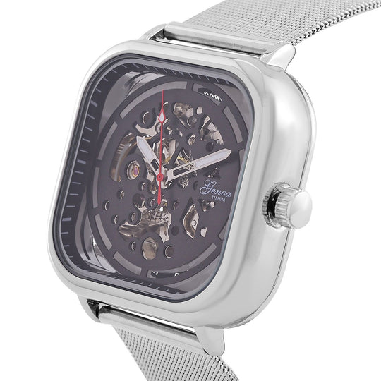 GENOA TIME V2 42mm Automatische Mechanikuhr - Schwarzes hohles Zifferblatt, Gehäuse aus Legierung mit IPS-Beschichtung, Edelstahl-Mesh-Armband,  3 ATM wasserdicht, Reiner Edelstahl 8.5 cm