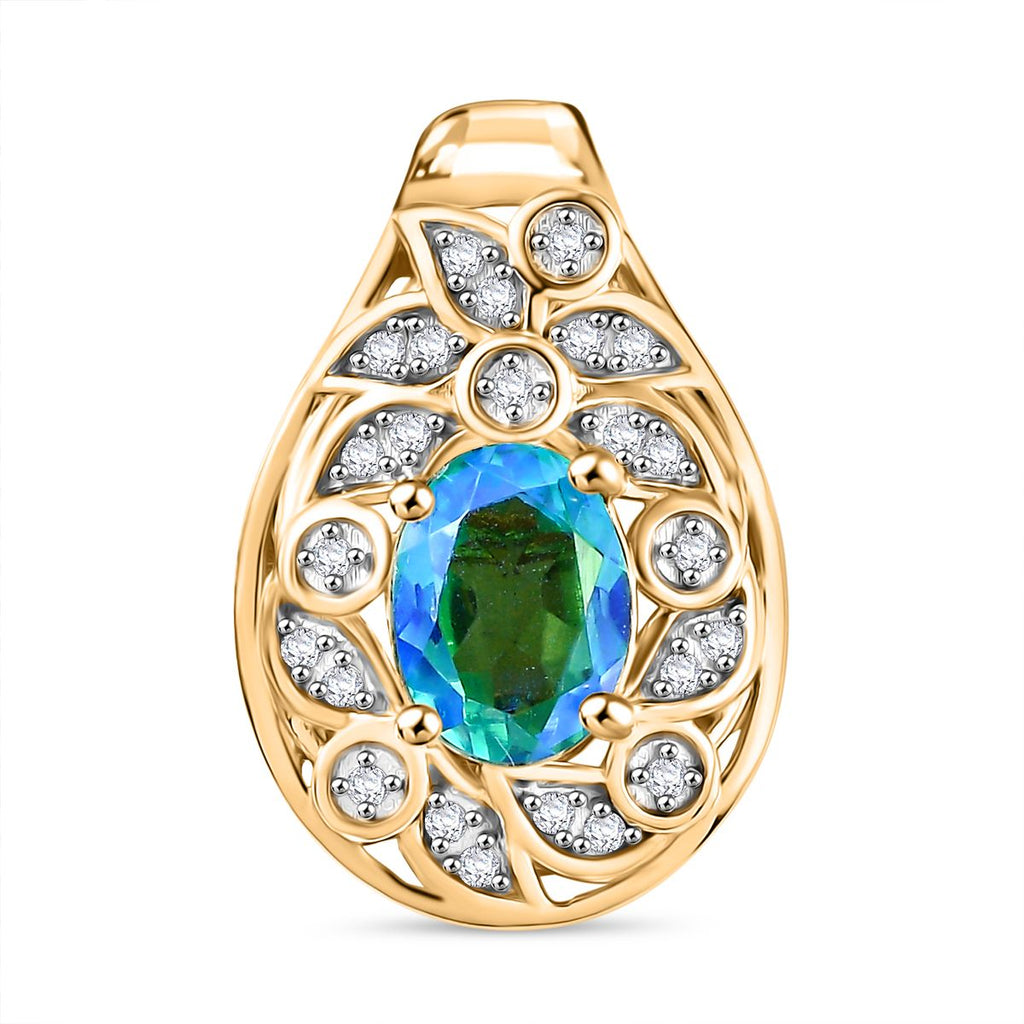 Pfau Quarz Triplette, Weißer Zirkon Anhänger 925 Silber 750 Gelbgold Vermeil ca. 1.72 ct