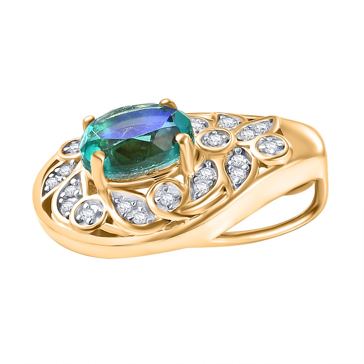 Pfau Quarz Triplette, Weißer Zirkon Anhänger 925 Silber 750 Gelbgold Vermeil ca. 1.72 ct