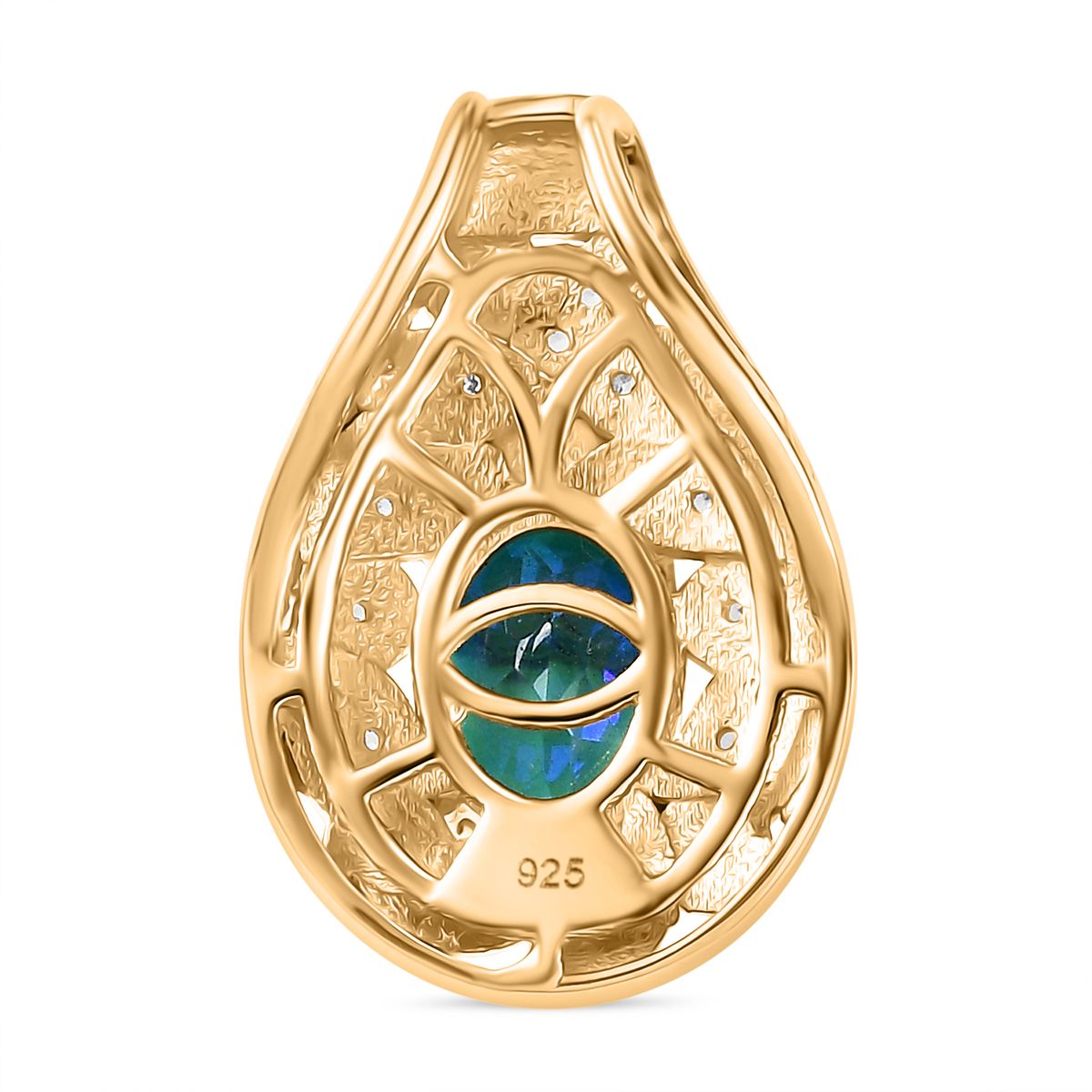 Pfau Quarz Triplette, Weißer Zirkon Anhänger 925 Silber 750 Gelbgold Vermeil ca. 1.72 ct