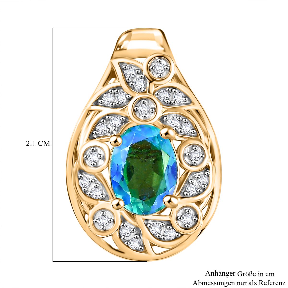 Pfau Quarz Triplette, Weißer Zirkon Anhänger 925 Silber 750 Gelbgold Vermeil ca. 1.72 ct