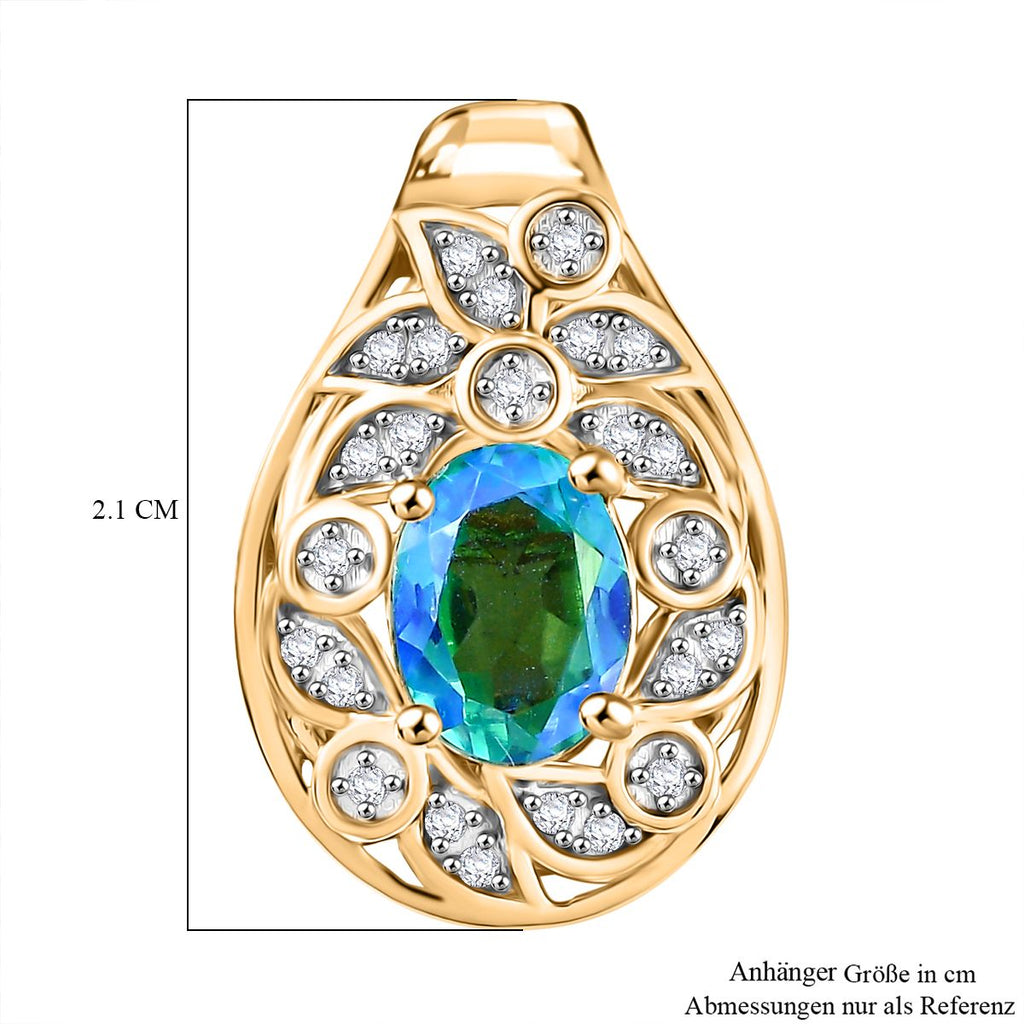 Pfau Quarz Triplette, Weißer Zirkon Anhänger 925 Silber 750 Gelbgold Vermeil ca. 1.72 ct