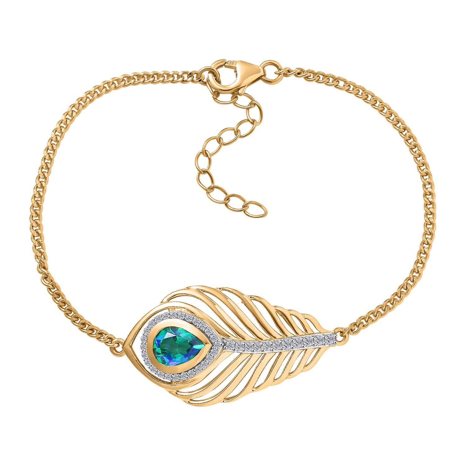 Pfau Quarz Triplette, Weißer Zirkon Armband ca. 19 cm + 5 cm Extender, 925 Silber 750 Gelbgold Vermeil ca. 2.48 ct