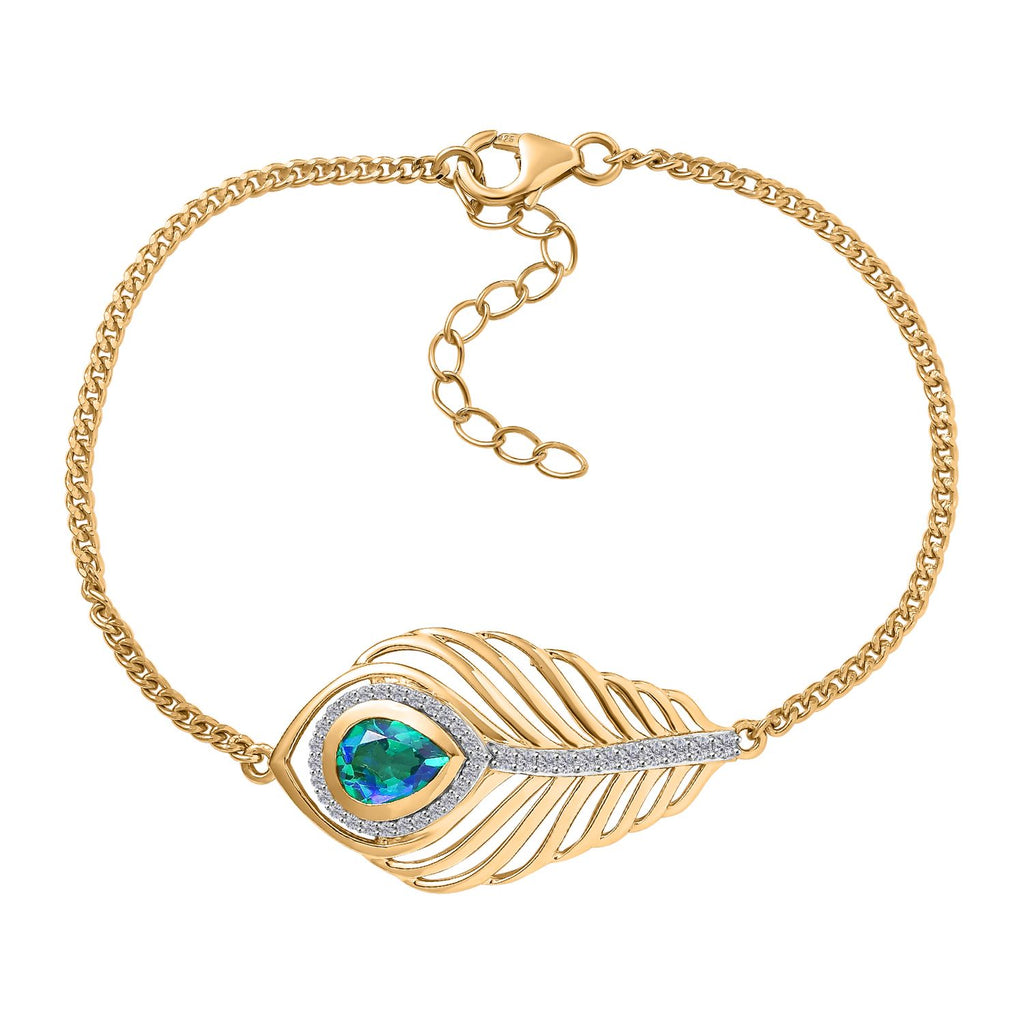 Pfau Quarz Triplette, Weißer Zirkon Armband ca. 19 cm + 5 cm Extender, 925 Silber 750 Gelbgold Vermeil ca. 2.48 ct