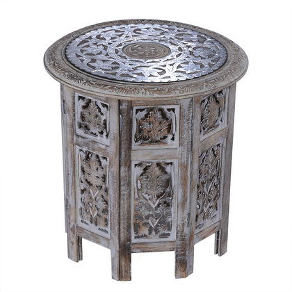 NAKKASHI - Handgefertigter Couchtisch aus Mangoholz mit Metallprägung, Burn-Finish und kunstvoller Schnitzerei, ca. 45x45x45cm, Natur