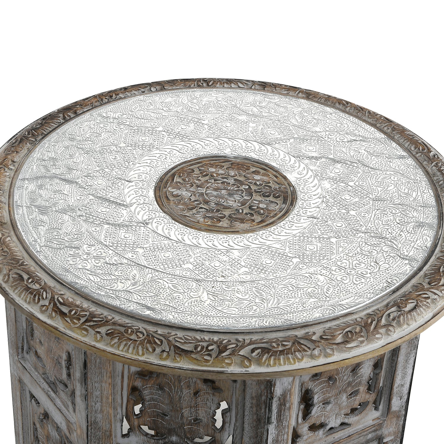 NAKKASHI Mango Holz Couchtisch mit Metallverzierung, 53 x 53 x 53 cm, Weiß