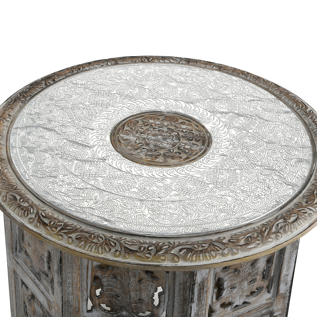 NAKKASHI Mango Holz Couchtisch mit Metallverzierung, 53 x 53 x 53 cm, Weiß