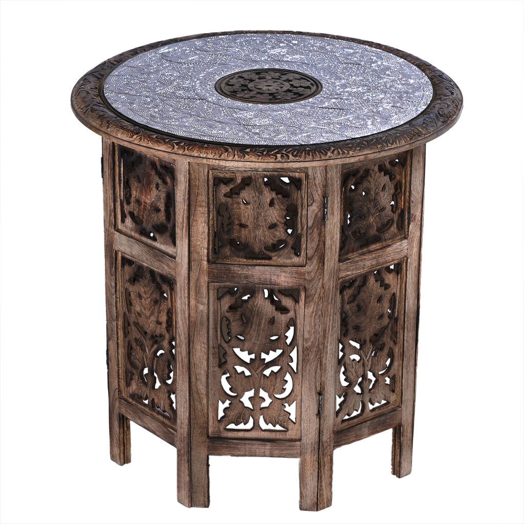 NAKKASHI Mango Holz Couchtisch mit Metallverzierung, 53 x 53 x 53 cm, Weiß