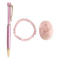 3er Exklusives Geschenkset – Rosenquarz: Handschmeichler, Armband und Kugelschreiber mit Kristallkugel