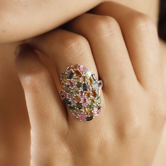 Mehrfarbig-Turmalin, Weißer Zirkon Ring 925 Silber rhodiniert ca. 5,09 ct