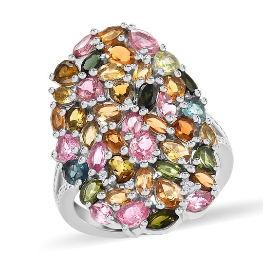 Mehrfarbig-Turmalin, Weißer Zirkon Ring 925 Silber rhodiniert ca. 5,09 ct