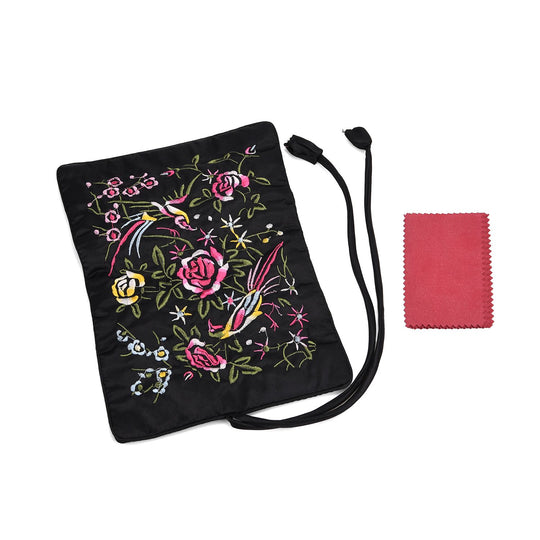 Eleganter Schmuckorganizer aus Satin mit Stickerei und 5 Premium-Poliertüchern, 20 x 9 cm, Olivgrün