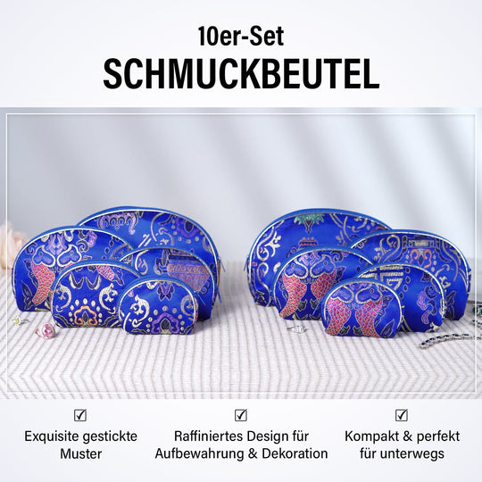 10er-Set Jacquard gewebter Schmuckbeutel mit Reißverschluss, 5 verschiedene Größen, Golden
