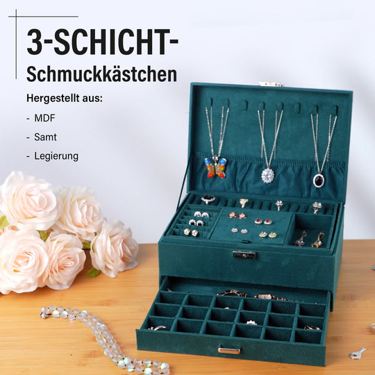 Samt-Schmuckkästchen, 3-lagig mit Schublade und Schloss, 24.5x17x11.5cm, Schwarz