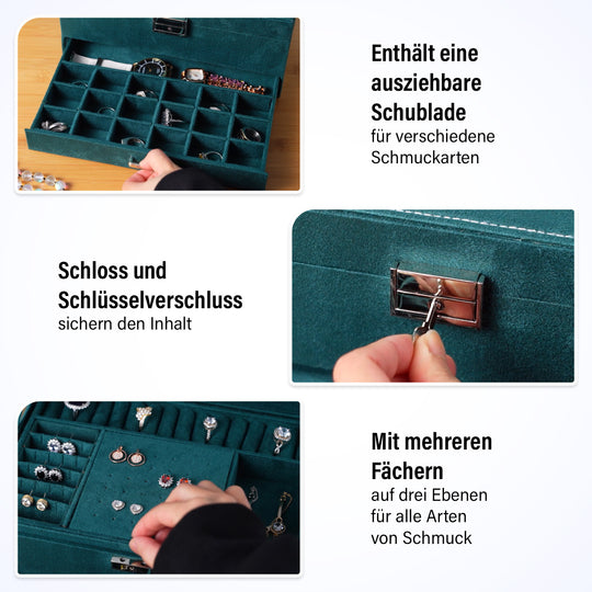 Samt-Schmuckkästchen, 3-lagig mit Schublade und Schloss, 24.5x17x11.5cm, Schwarz