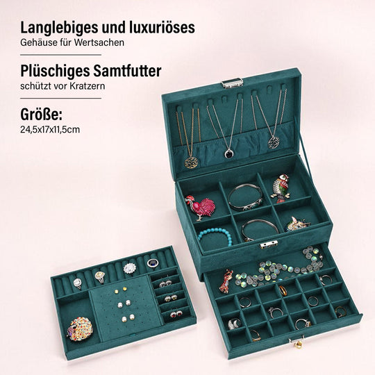 Samt-Schmuckkästchen, 3-lagig mit Schublade und Schloss, 24.5x17x11.5cm, Schwarz