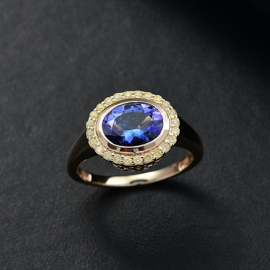 AAA Tansanit, Natürlicher gelber Diamant Ring 585 Gold (Größe 20.00) ca. 2,17 ct