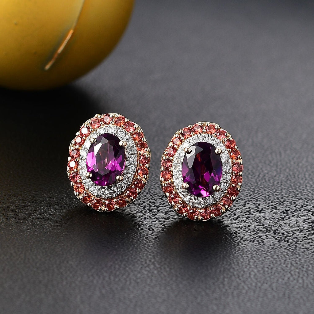 LUXORO zertifizierte und geprüfte AAA Radiant Ember Granat, Padparadscha Saphir und I2 Diamant Halo Ohrringe in 417 Gold - 3,16 ct.