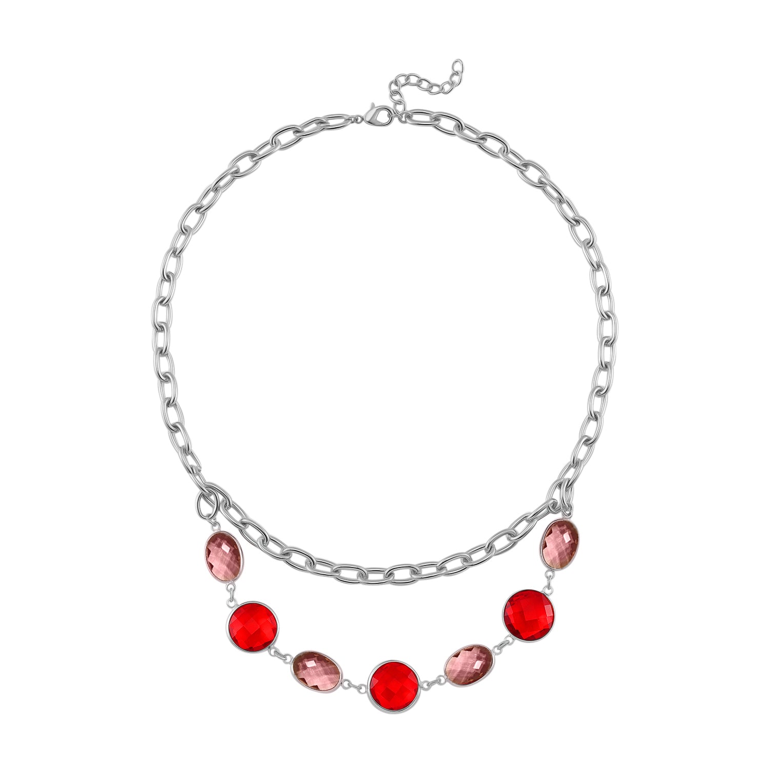Collier mit roten und rosa Kristallen und silberfarbener Gliederkette, ca. 52 cm