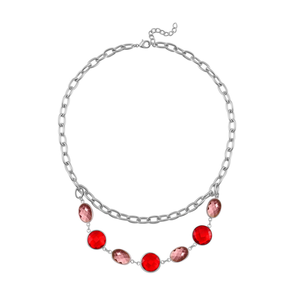 Collier mit roten und rosa Kristallen und silberfarbener Gliederkette, ca. 52 cm