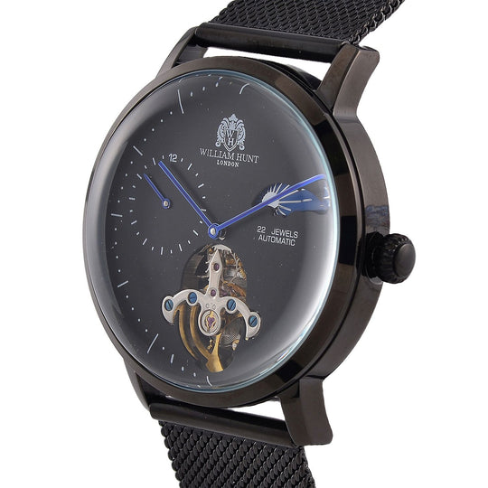 William Hunt Automatik-Uhr - IP-schwarzbeschichtetes Edelstahlgehäuse, schwarzes Multifunktionszifferblatt mit gewölbtem Glas, Edelstahl-Mesh-Armband, Glasboden, 5 ATM wasserdicht, Reiner Edelstahl