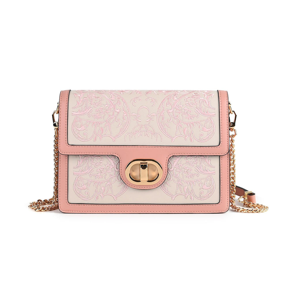 GRAND PELLE - Umhängetasche aus echtem Leder mit Stickerei, Klappdesign, Kettenriemen, 23x8x16?cm, Rosa