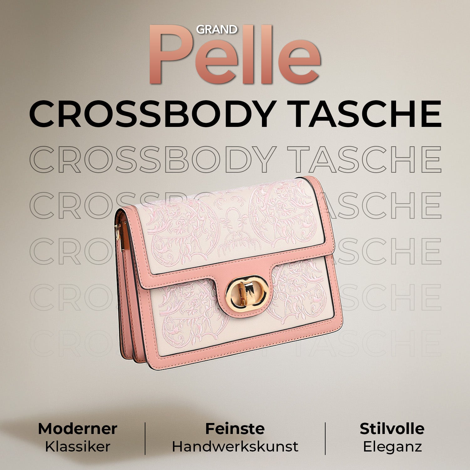 GRAND PELLE - Umhängetasche aus echtem Leder mit Stickerei, Klappdesign, Kettenriemen, 23x8x16?cm, Rosa